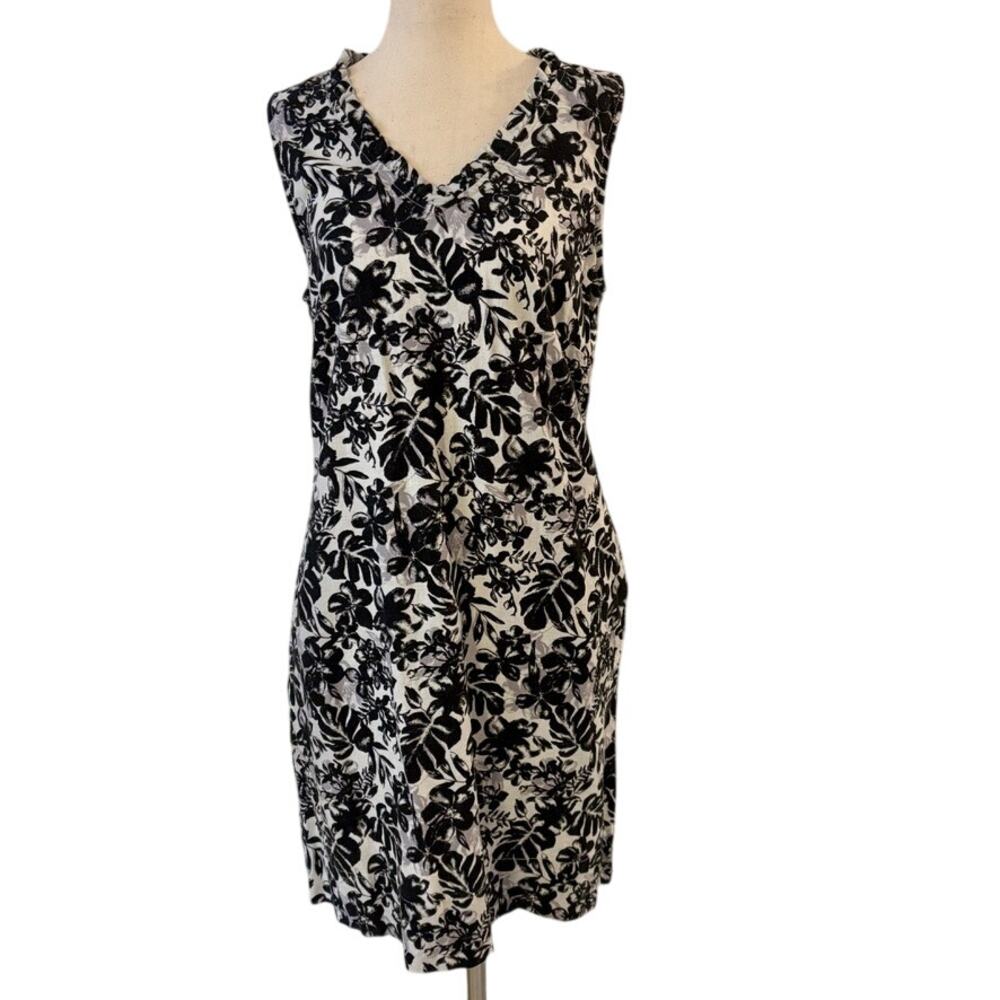 BRIGGS Summer Women’s Black/White Floral Sleeveless V-NECK DRESS W/Pockets M